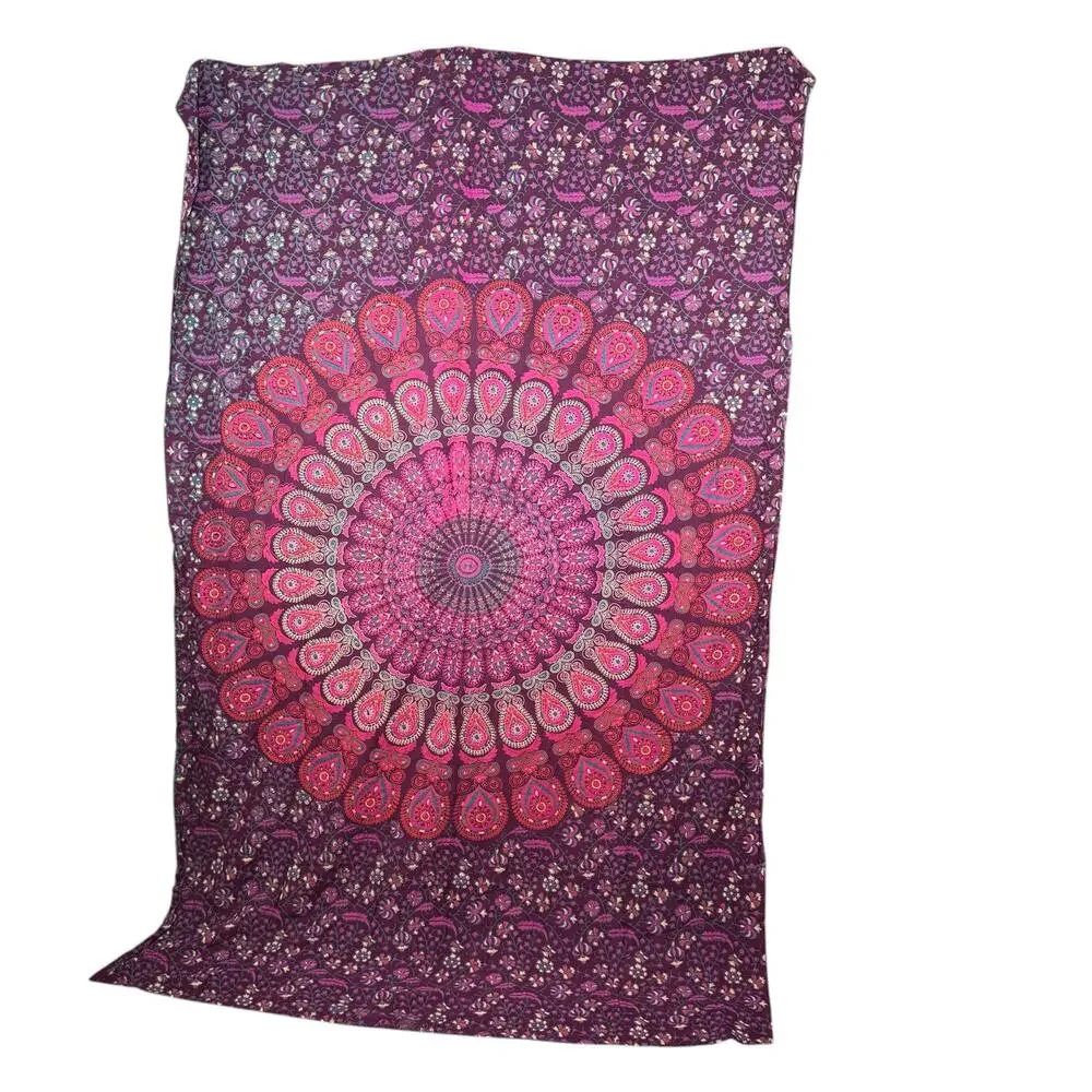 Boho Mandala Cotton Fabric | Purple Pink Tapestry Print | 81x53” | 100% Cotton
